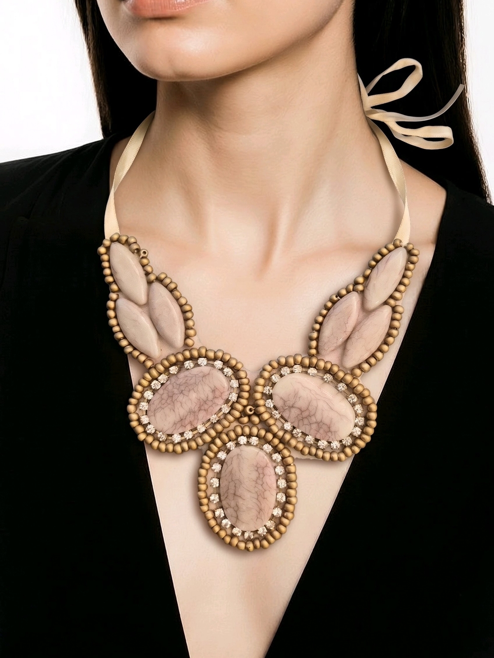 Beaded Statement Necklace in Beige with Gold Accents